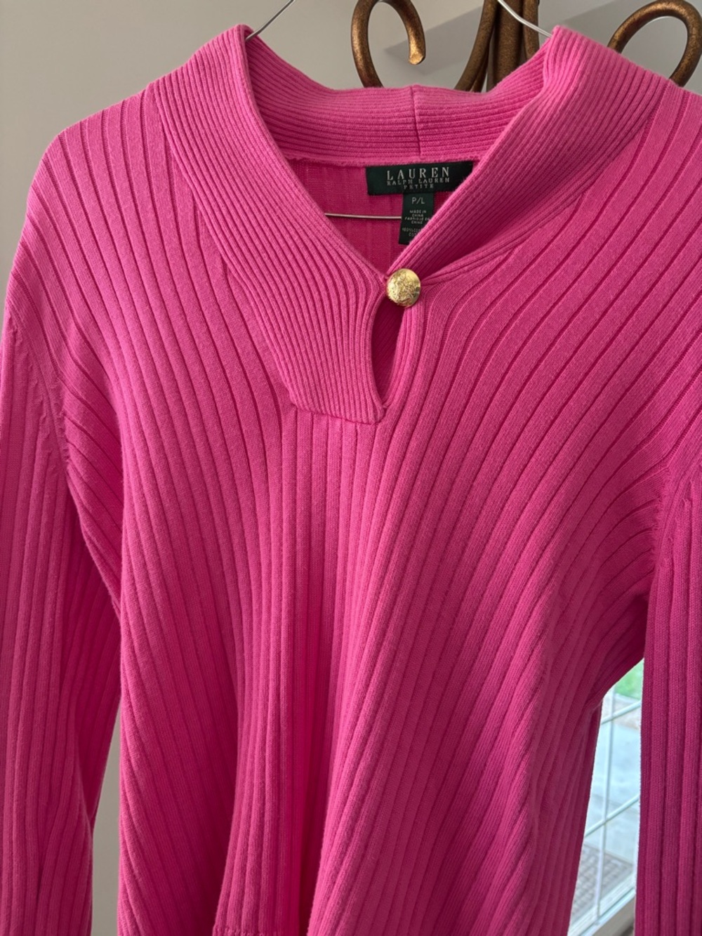Lauren Ralph Lauren pink ribbed sweater with gold Button